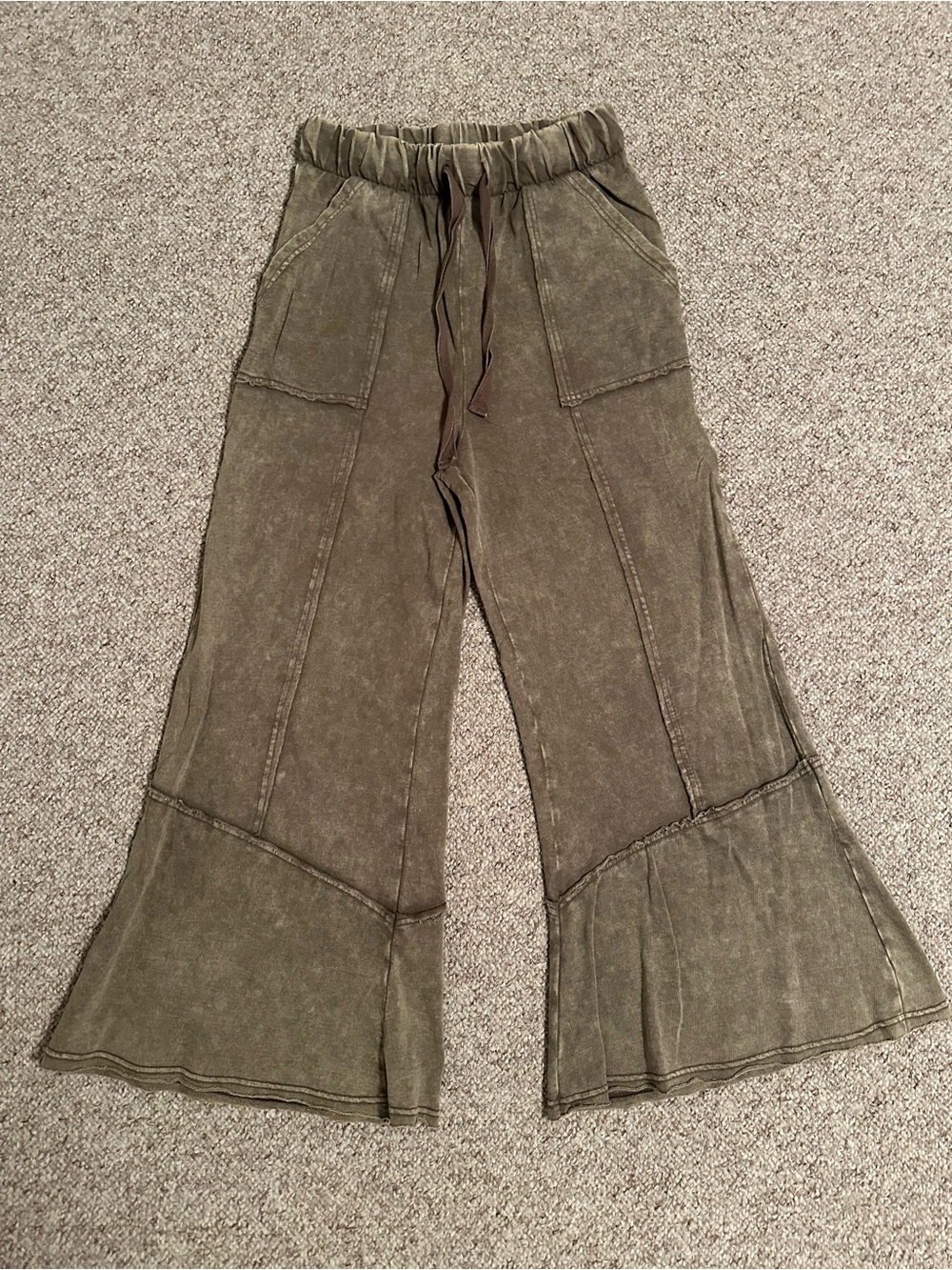 Washed Olive Green Drawstring Ruffle Hem Pants